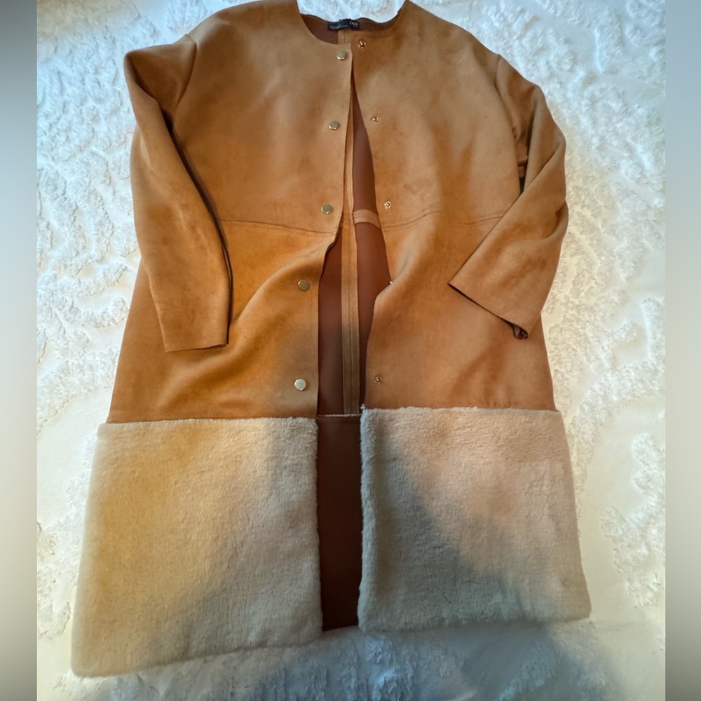 Zara Ladies Coat Faux Suede Sheepskin Shearling  Fur Lightweight Tan Cream  S - Picture 7 of 16